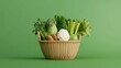 © Shisanupong - A wicker basket filled with fresh green vegetables like broccoli, lettuce, and celery on a green background symbolizing healthy organic produce.