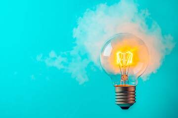 Wall Mural - Glowing lightbulb with smoke trail on a bright blue background, symbolizing innovation and bright ideas.