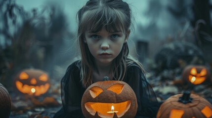 Young girl holding a jack-o'-lantern in eerie Halloween night setting