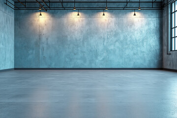 Empty industrial space with blue walls and cement floor illuminated by hanging lights.