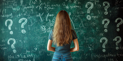 Fototapete - Woman facing a chalkboard filled with question marks and mathematical equations.