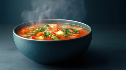 A close-up of a steaming bowl of vegetable soup, garnished with fresh herbs on a dark background, showcasing warm and comforting food.