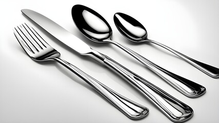 Fork, knife, and spoon in a shiny stainless steel cutlery set isolated on a white background. Ideal for usage in the kitchen and dining room