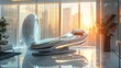 © Waraporn - Futuristic and innovative luxury interior design featuring a modern minimalist floating chair set against a backdrop of floor to ceiling windows overlooking a breathtaking sunset landscape