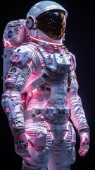 Wall Mural - a futuristic astronaut in a pink and purple suit stands against a dark and mysterious backdrop.