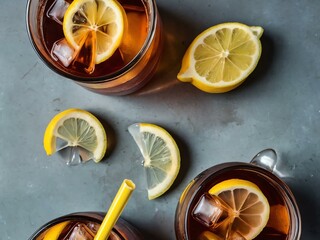 Wall Mural - Iced tea with lemon wedge and striped straw.