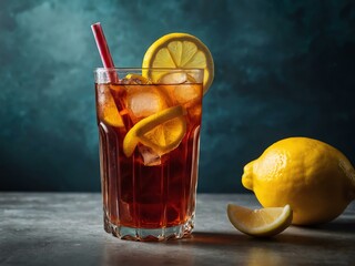 Canvas Print - Iced tea with lemon wedge and striped straw.