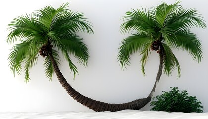 Wall Mural - Majestic palm tree with a curved trunk and large fan-shaped fronds, displayed in 3D against a minimalist white backdrop