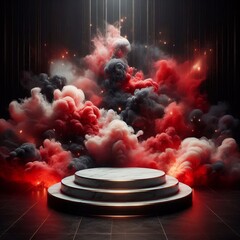 Wall Mural - 3d render of a red, black and white podium with smoke background