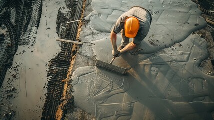 A man in a hard hat is laying a concrete slab