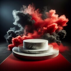 Wall Mural - 3d render of a red, black and white podium with smoke background