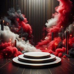 Wall Mural - 3d render of a red, black and white podium with smoke background