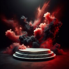 Wall Mural - 3d render of a red, black and white podium with smoke background
