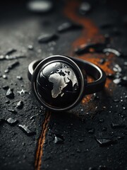 Wall Mural - Planet icon with a ring, spray-painted in black graffiti style, adding an urban edge.