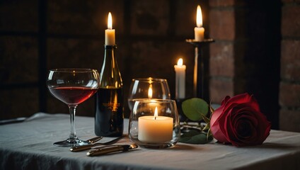 Wall Mural - Romantic table setup with a rose, wine glasses, candle, and soft lighting.