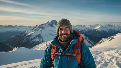 Sticker - Satisfied mountain climber in a serene winter landscape.