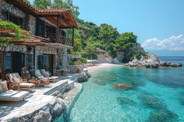 Luxury infinity pool overlooking picturesque bay on sunny day