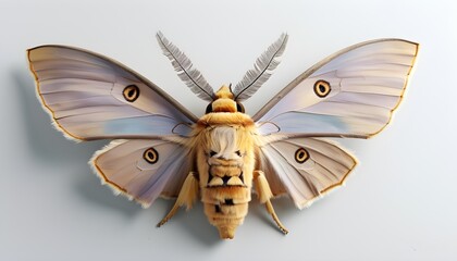 Wall Mural - Adorable 3D rendering of a pastel-colored moth with soft wings and a fuzzy body against a clean white background