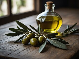 Bottle of olive oil with olive leaves on a table