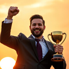 A joyful man in a suit holds a golden trophy, celebrating victory against a warm, golden sunset background.