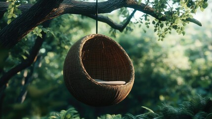 Woven rattan egg chair suspended from a tree branch