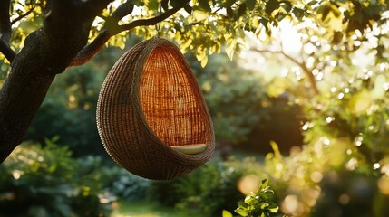 Woven rattan egg chair suspended from a tree branch