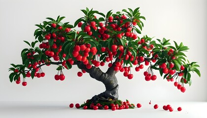 Wall Mural - Charming 3D Cherry Tree with Clusters of Bright Red Fruit and Delicate Leaves on a White Background