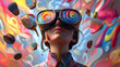 © Komkrit - A unique 3D cartoon portrait of a person with artistic VR glasses, immersed in a digital art studio with floating paintbrushes and swirling colors, conveying creativity and inspiration