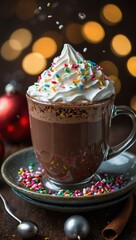 Sticker - Festive hot cocoa with whipped cream and sprinkles.