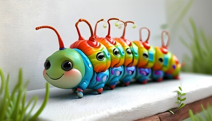 Wall Mural - Charming 3D Caterpillar with Colorful Segments and Gentle Smile on White Canvas