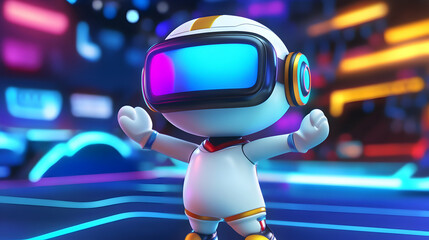 A playful 3D cartoon character with colorful VR glasses, participating in a lively virtual sports event with interactive digital arenas and dynamic motion effects, radiating excitement and energy