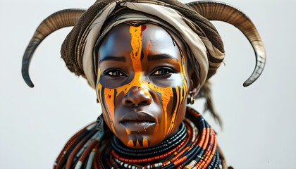 Wall Mural - Traditional Himba Woman in 3D with Otjize Paste and Goat-Hair Headdress Against a White Background