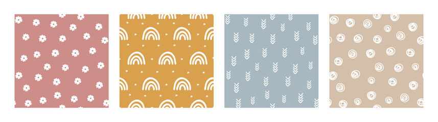 bohemian baby pattern. set of boho print for kids with flowers, rainbows, arrows and circles. gender