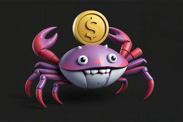 Cute crab holding a gold coin cartoon vector icon illustration. Animal finance icon concept isolated premium vector. Flat cartoon style.