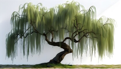 Wall Mural - Elegant 3D willow tree with graceful, drooping branches set against a clean white background