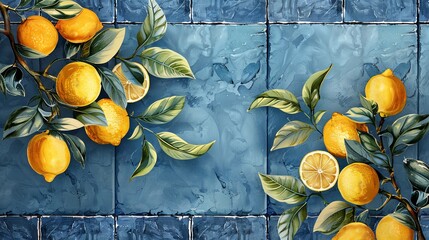 Wall Mural - Frame adorned with blue tiles and lemon branches