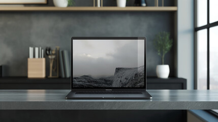 Wall Mural - laptop screen mockup placed on a desk, with a modern workspace setup in the background to showcase a