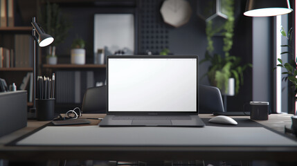 laptop screen mockup placed on a desk, with a modern workspace setup in the background to showcase a