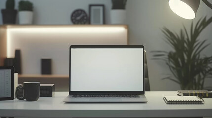 Wall Mural - laptop screen mockup placed on a desk, with a modern workspace setup in the background to showcase a
