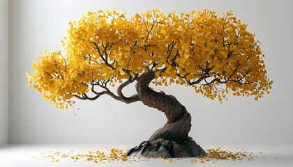 Wall Mural - Stunning golden ginkgo tree with vibrant yellow leaves rendered in 3D against a clean white background