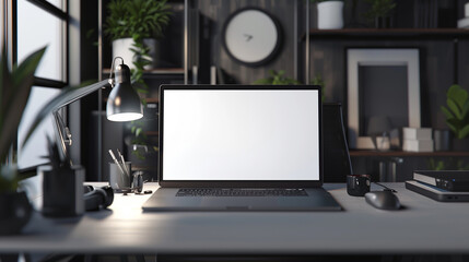 Wall Mural - laptop screen mockup placed on a desk, with a modern workspace setup in the background to showcase a