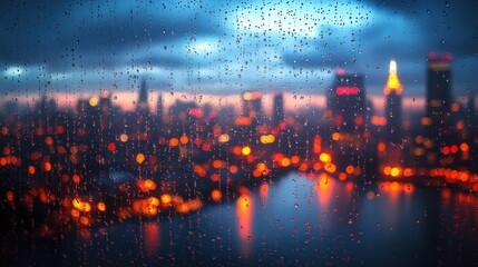 Canvas Print - Rainy cityscape with blurred lights and reflections at dusk.