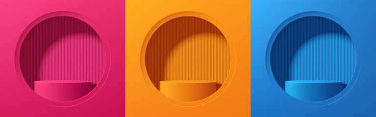 Wall Mural - set of pink, orange and blue realistic 3d cylindrical podium background in circles window scene. min
