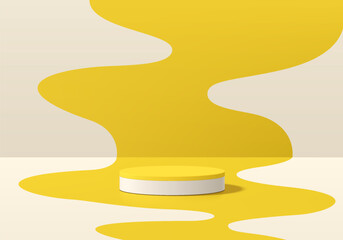 Wall Mural - realistic yellow 3d cylindrical podium background with yellow free forms wall scene. minimalist mock