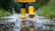 © A4719 - Yellow Rubber Boots Splashing in Puddle with Water Drops