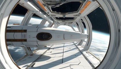 sleek and modern 3D interior design of a pristine white spaceship environment