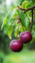 two plums suspended from a tree during rain, leaves and grass bedecked with water droplets in the ba