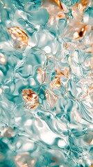 Poster -  A tight shot of a blue-gold wallpaper depicting water surface leaves pattern