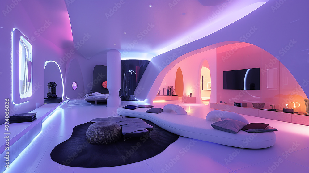 Living room with a futuristic design, featuring bold furniture shapes ...