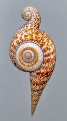  Close-up of a snail's spiral shell against a gray backdrop